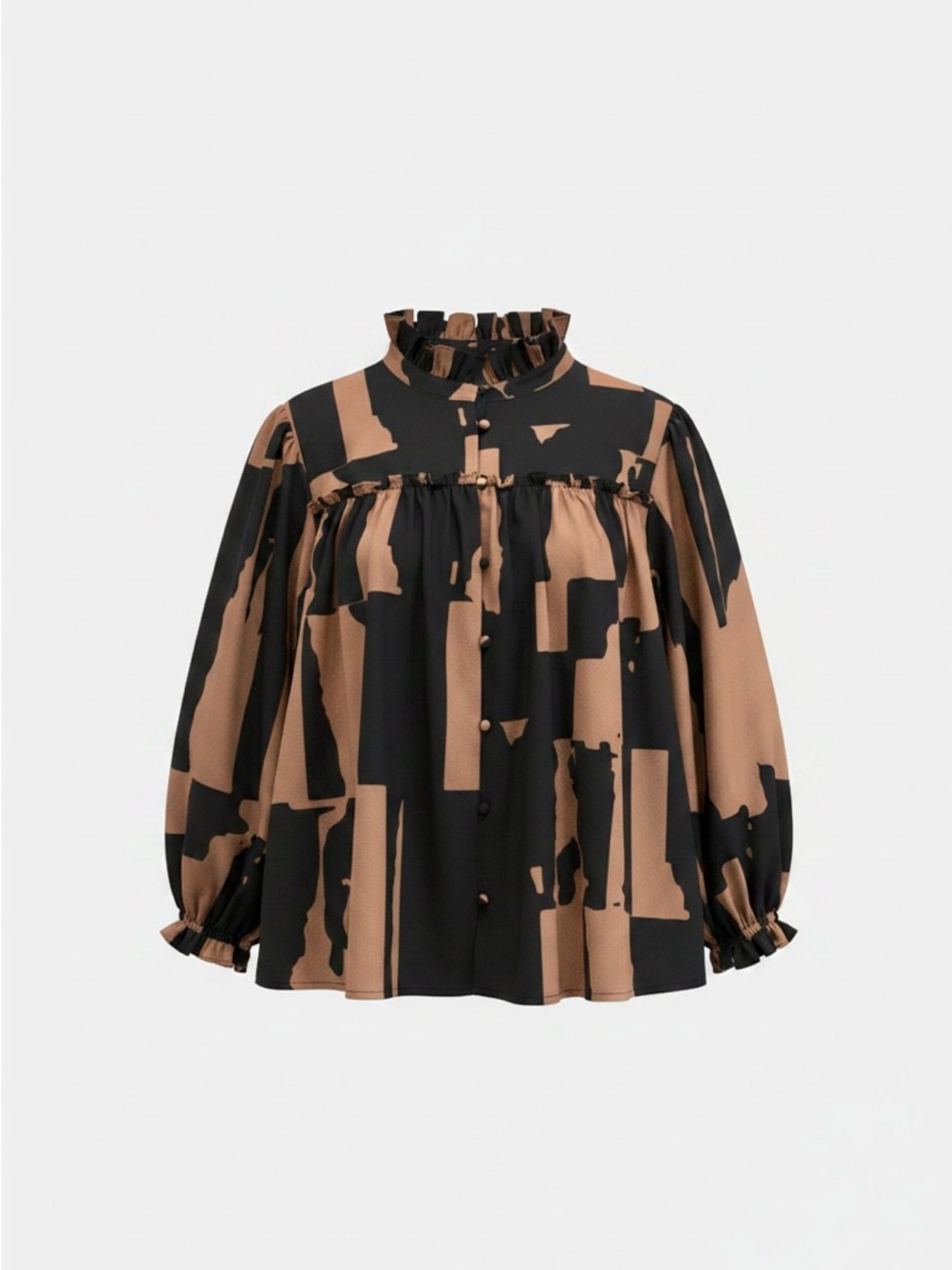 CROSBY by Mollie Burch xxl Black & Brown Abstract Ruffle Neck Blouse long sl